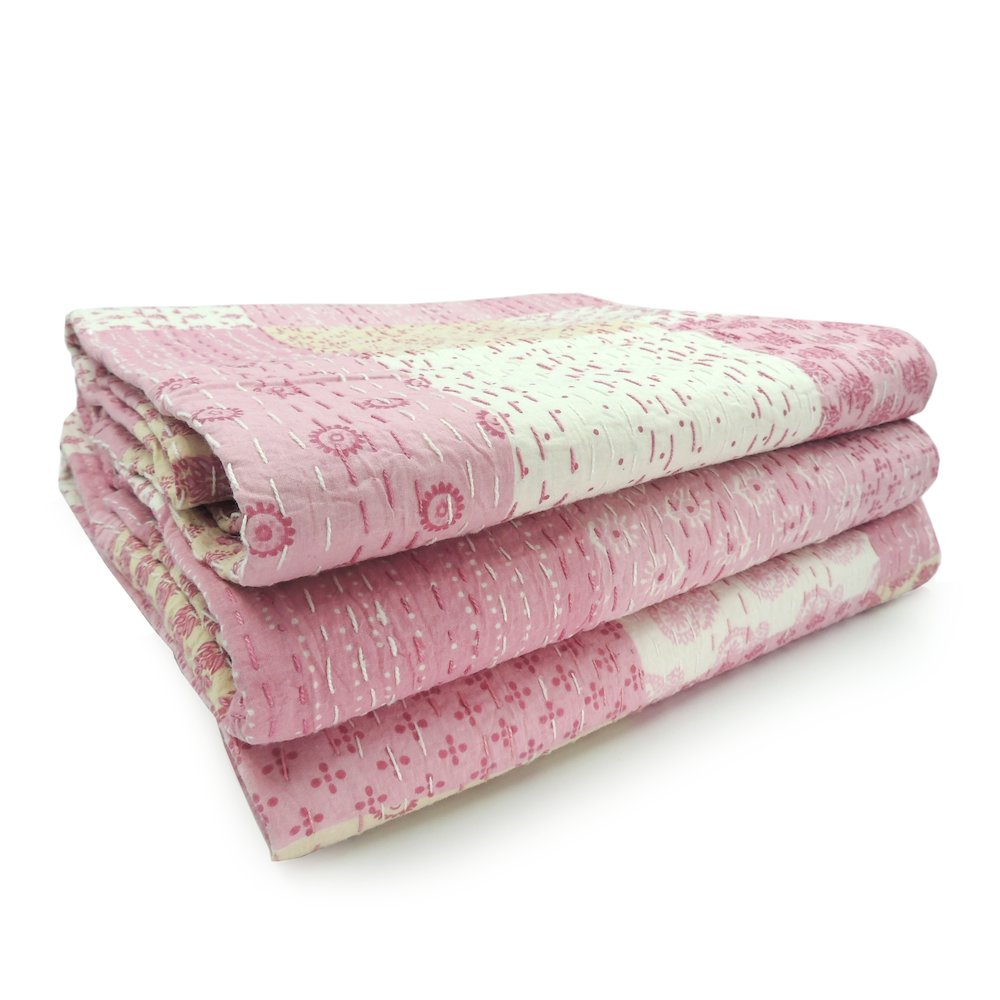 Light Pink Patchwork Hand-Stitched One-of-a-Kind Cotton Kantha Throw Blanket. Picture 9