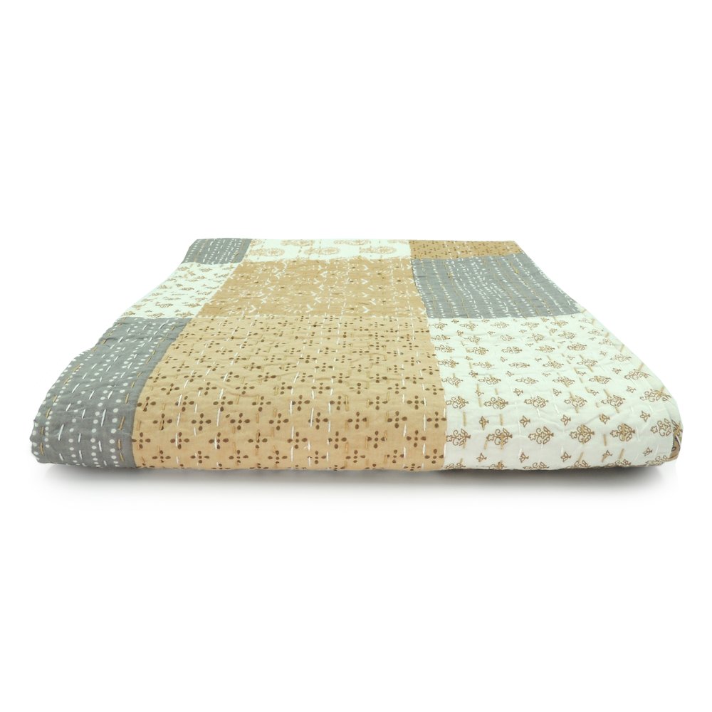Beige Patchwork Hand-Stitched One-of-a-Kind Cotton Kantha Throw Blanket. Picture 6
