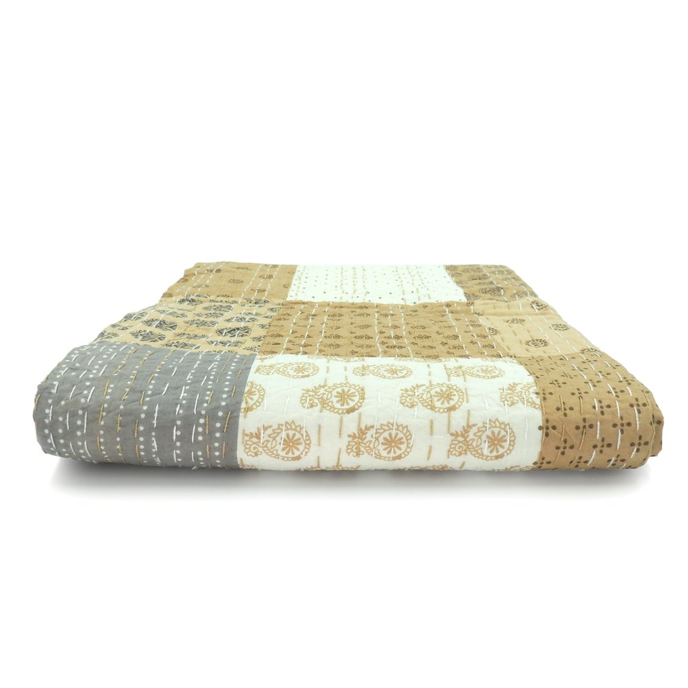 Beige Patchwork Hand-Stitched One-of-a-Kind Cotton Kantha Throw Blanket. Picture 7