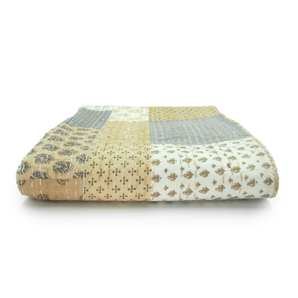 Beige Patchwork Hand-Stitched One-of-a-Kind Cotton Kantha Throw Blanket. Picture 10
