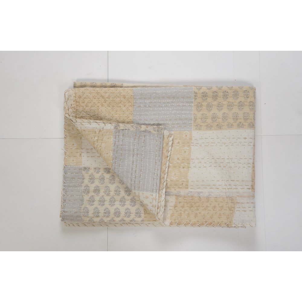 Beige Patchwork Hand-Stitched One-of-a-Kind Cotton Kantha Throw Blanket. Picture 1