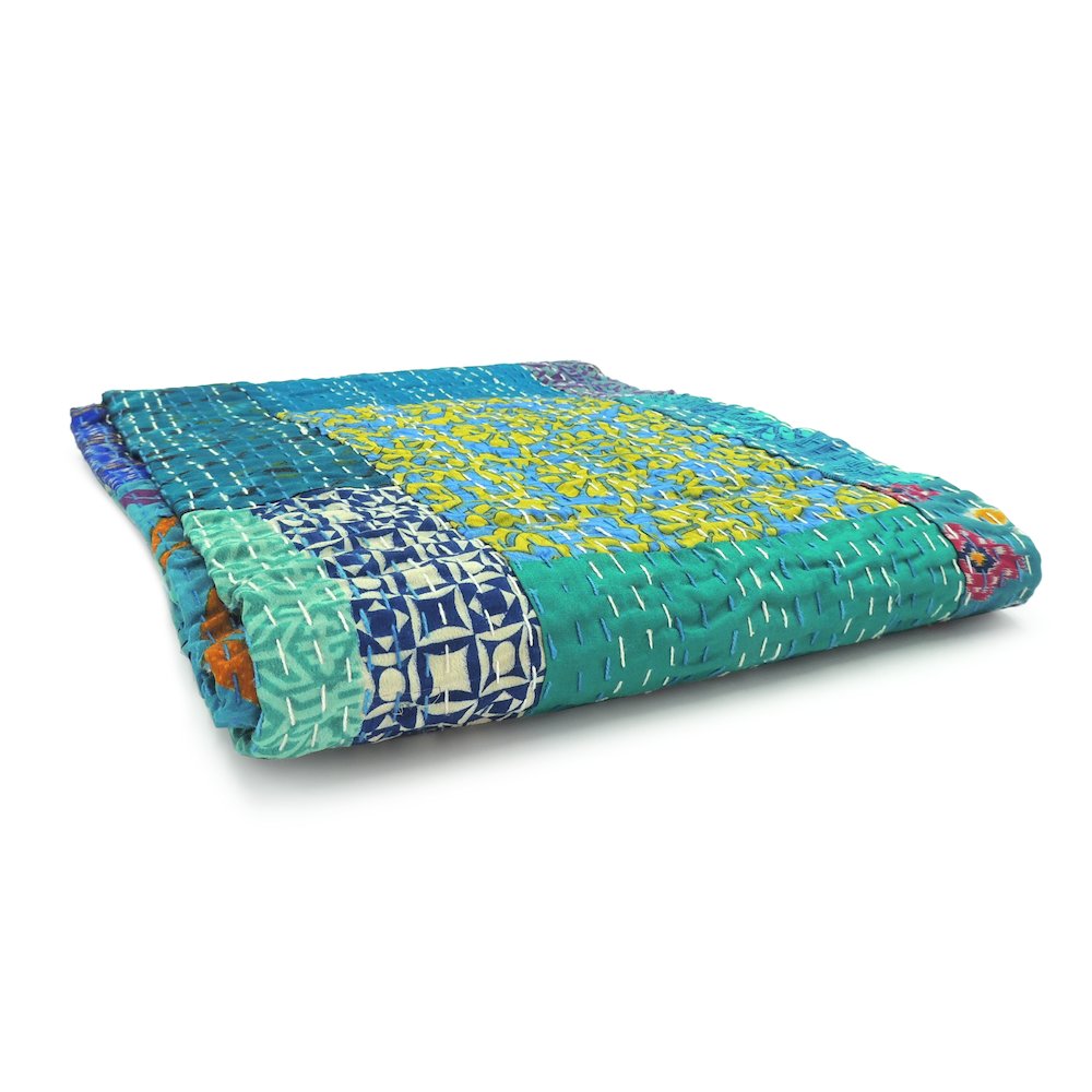 Blue Patchwork Hand-Stitched One-of-a-Kind Cotton Kantha Throw Blanket. Picture 3