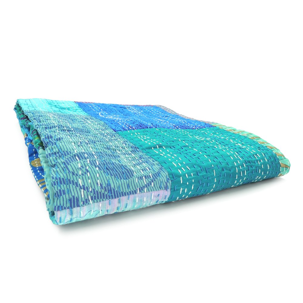 Blue Patchwork Hand-Stitched One-of-a-Kind Cotton Kantha Throw Blanket. Picture 5