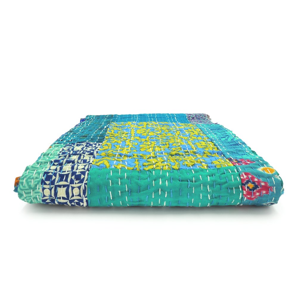 Blue Patchwork Hand-Stitched One-of-a-Kind Cotton Kantha Throw Blanket. Picture 6