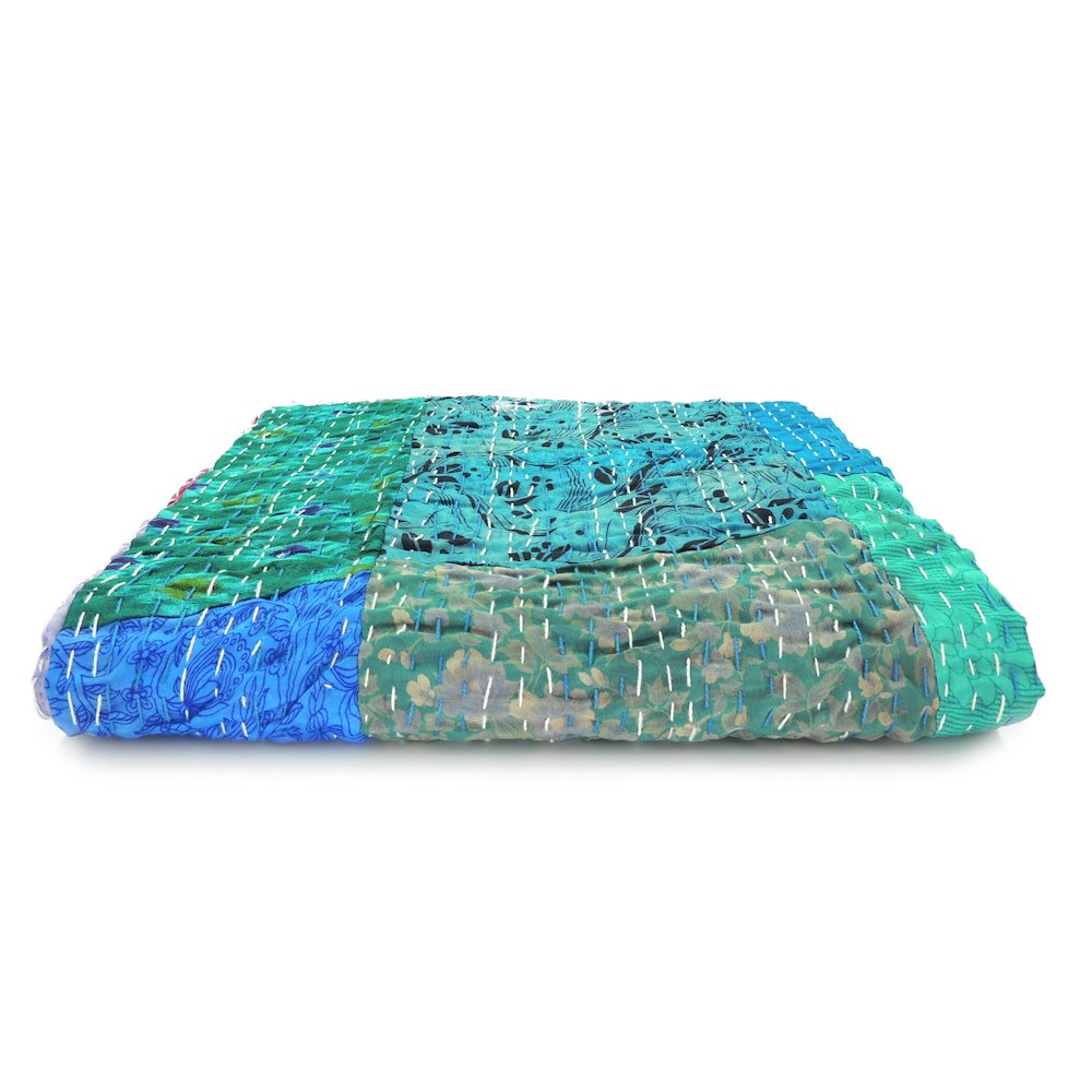 Blue Patchwork Hand-Stitched One-of-a-Kind Cotton Kantha Throw Blanket. Picture 7