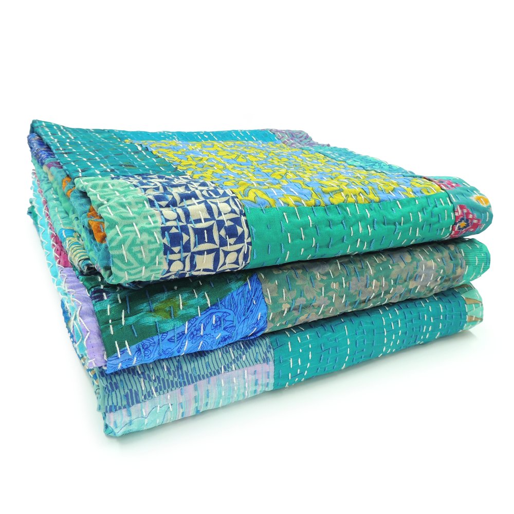 Blue Patchwork Hand-Stitched One-of-a-Kind Cotton Kantha Throw Blanket. Picture 9