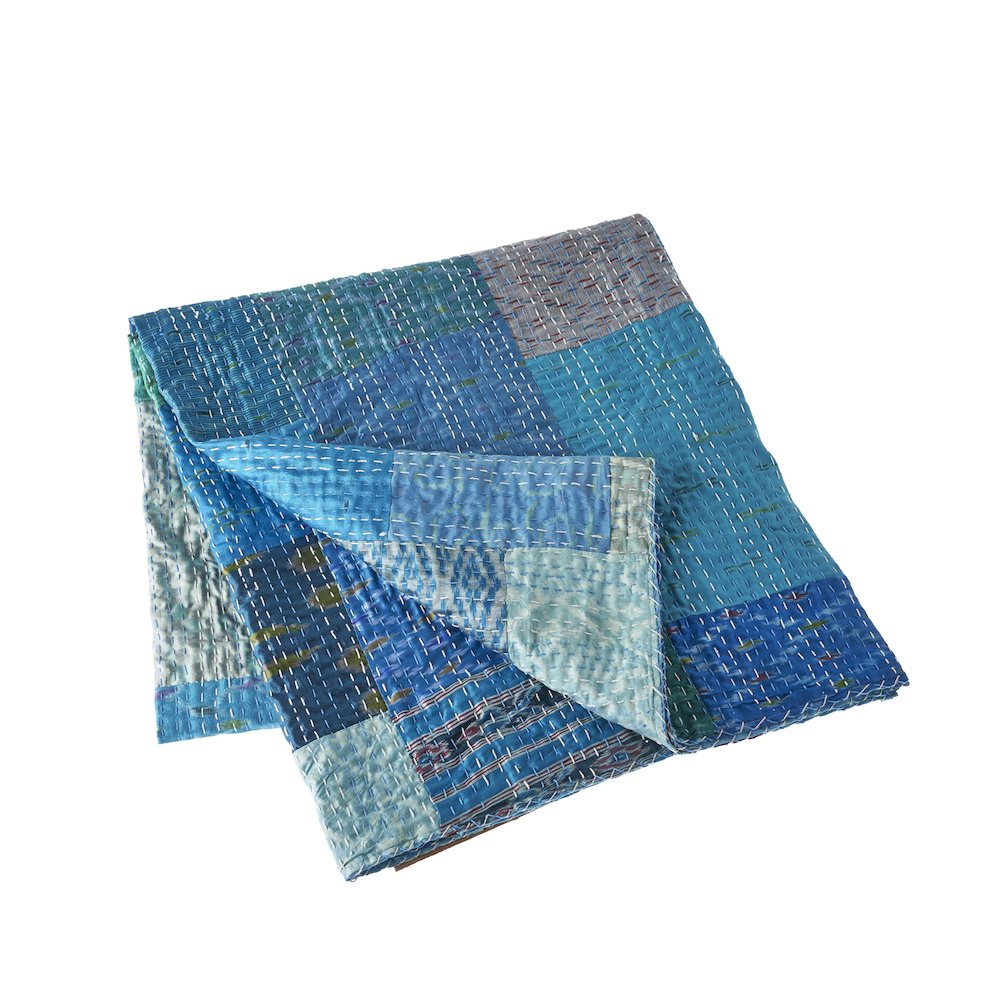Blue Patchwork Hand-Stitched One-of-a-Kind Cotton Kantha Throw Blanket. Picture 1