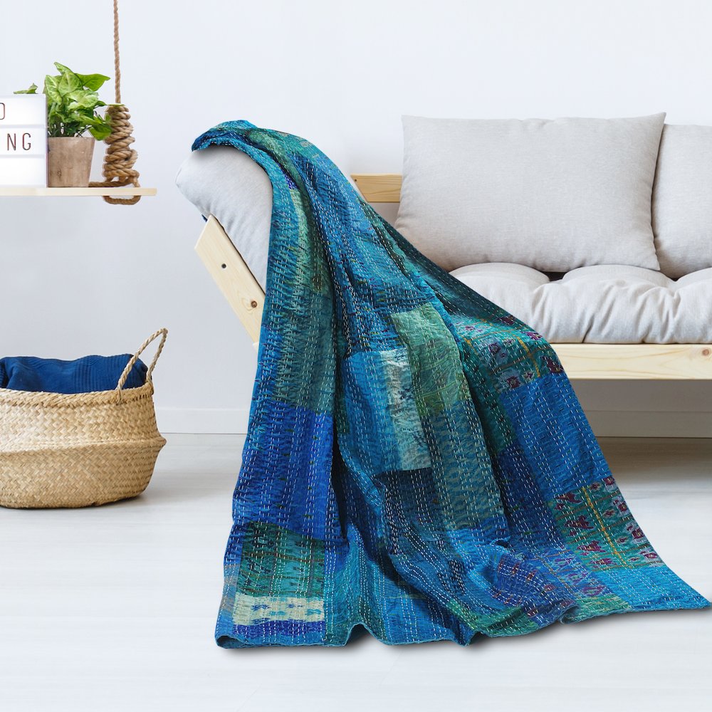 Blue Patchwork Hand-Stitched One-of-a-Kind Cotton Kantha Throw Blanket. Picture 2