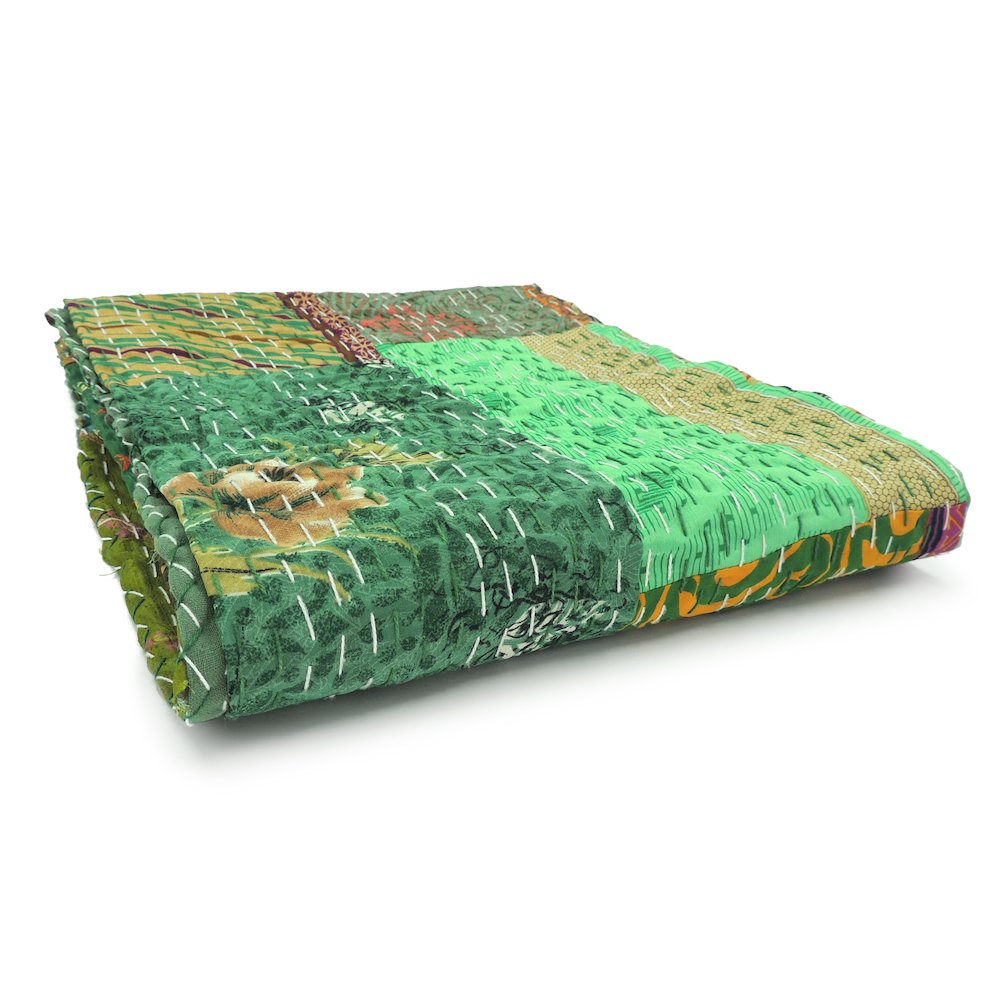 Green Patchwork Hand-Stitched One-of-a-Kind Cotton Kantha Throw Blanket. Picture 3