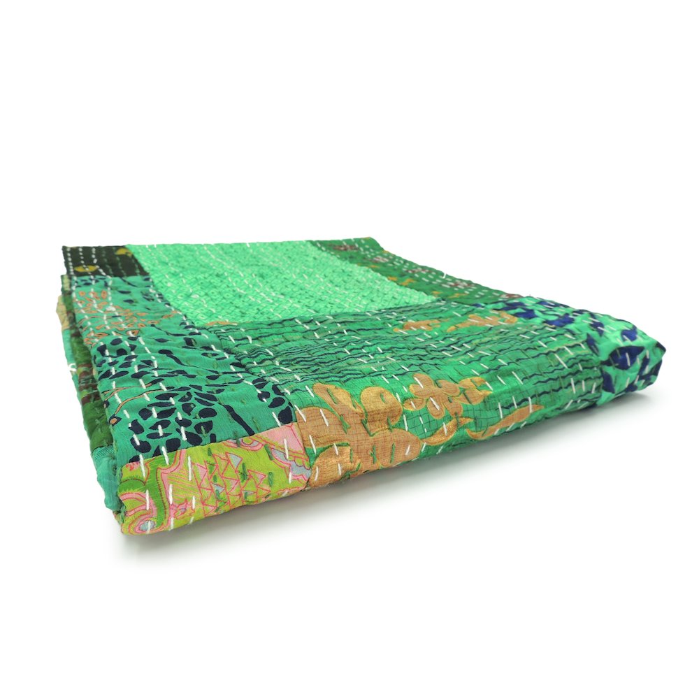 Green Patchwork Hand-Stitched One-of-a-Kind Cotton Kantha Throw Blanket. Picture 4