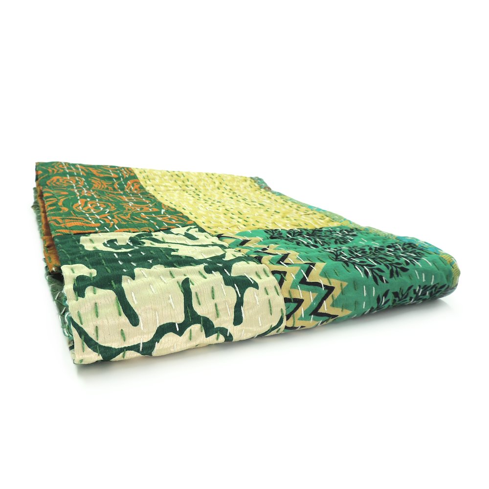 Green Patchwork Hand-Stitched One-of-a-Kind Cotton Kantha Throw Blanket. Picture 5