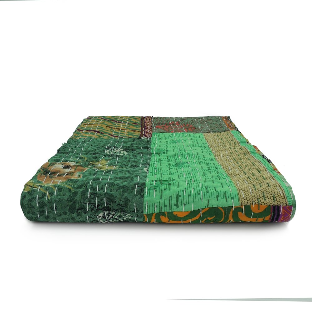 Green Patchwork Hand-Stitched One-of-a-Kind Cotton Kantha Throw Blanket. Picture 6