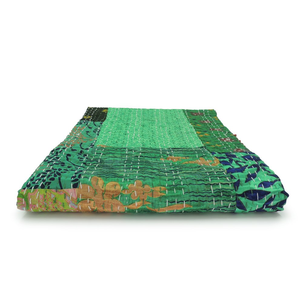 Green Patchwork Hand-Stitched One-of-a-Kind Cotton Kantha Throw Blanket. Picture 7