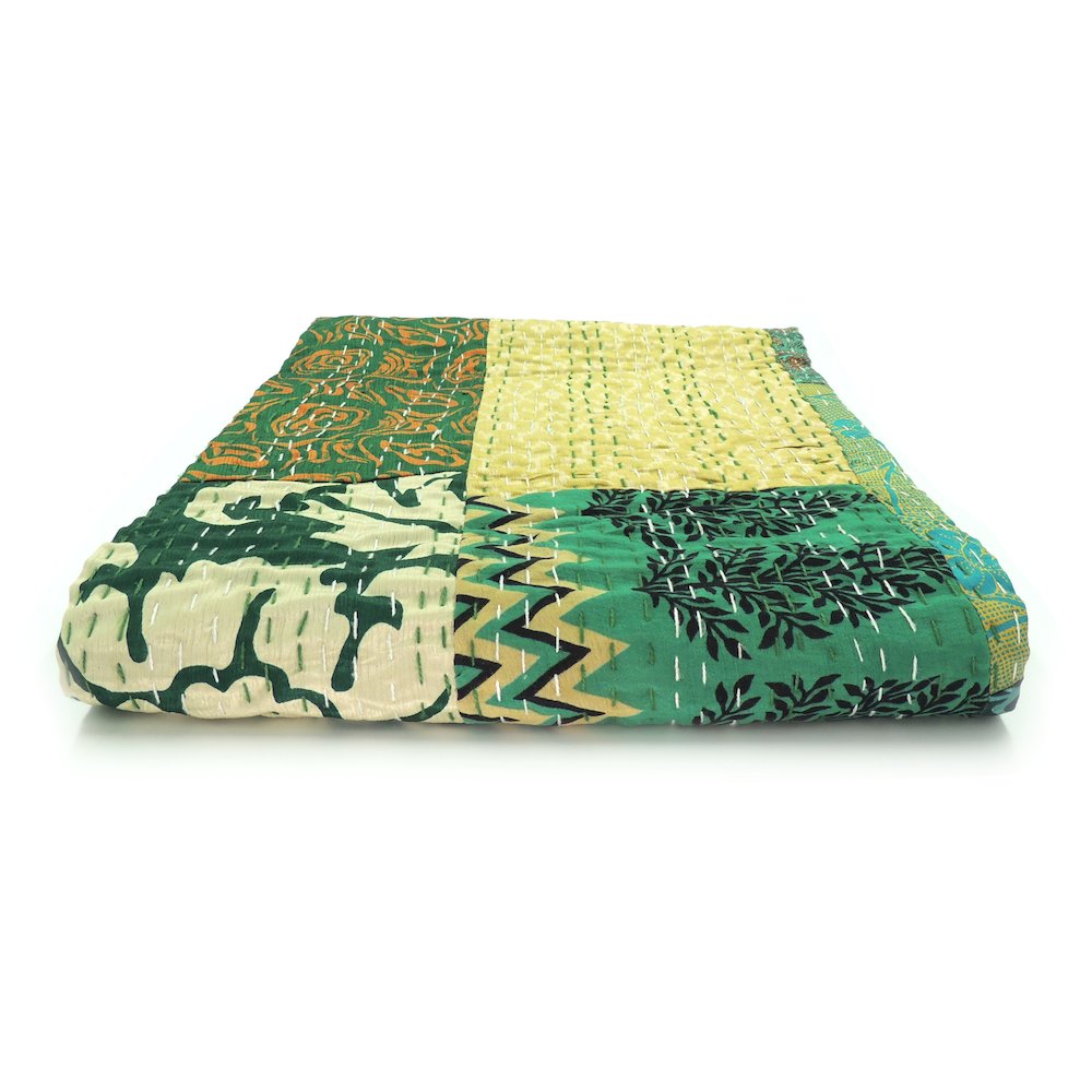 Green Patchwork Hand-Stitched One-of-a-Kind Cotton Kantha Throw Blanket. Picture 10