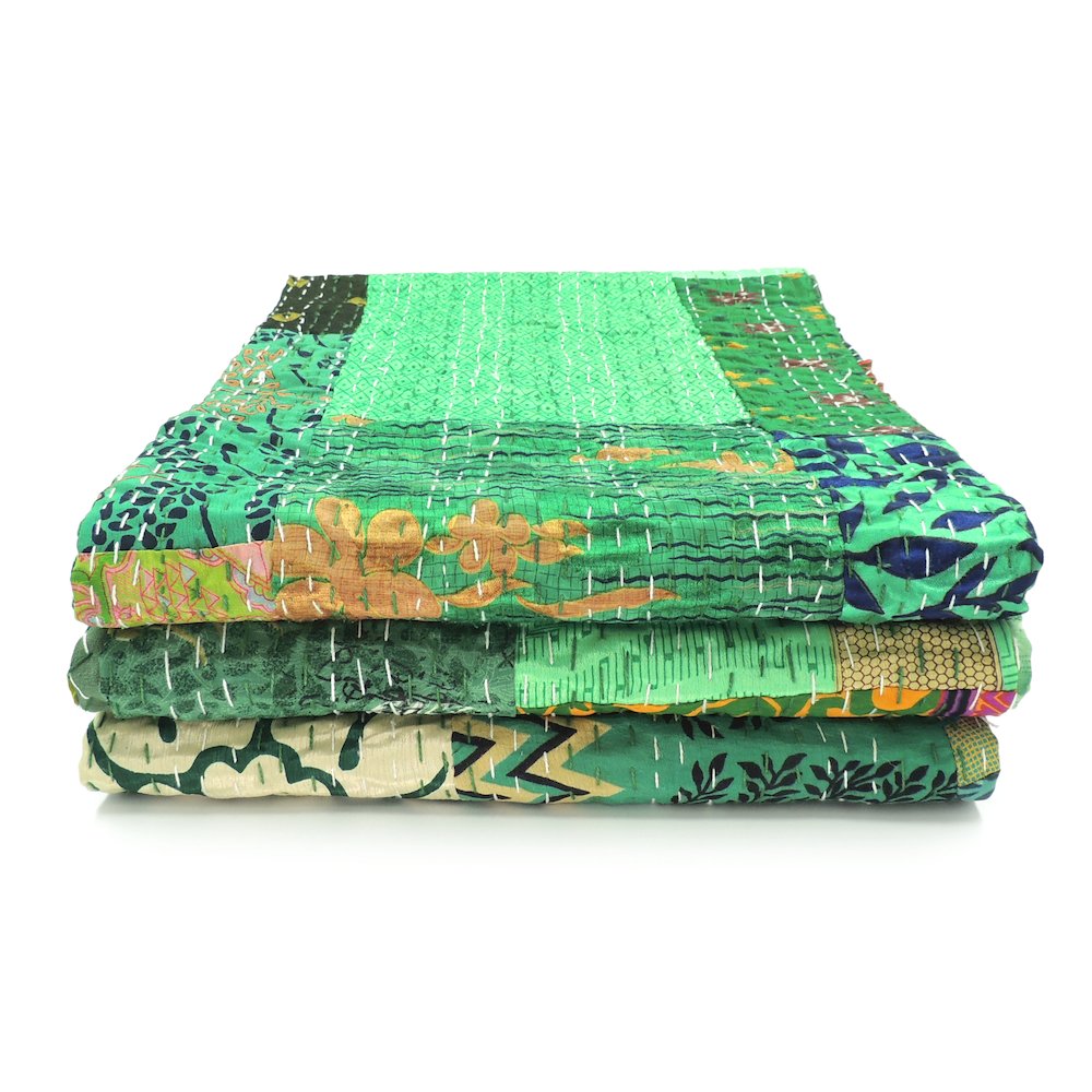 Green Patchwork Hand-Stitched One-of-a-Kind Cotton Kantha Throw Blanket. Picture 8