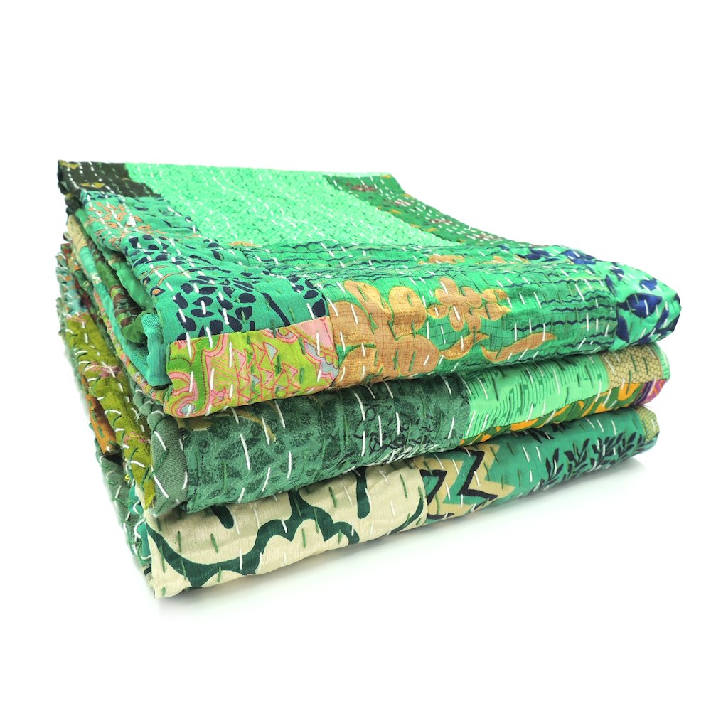Green Patchwork Hand-Stitched One-of-a-Kind Cotton Kantha Throw Blanket. Picture 9
