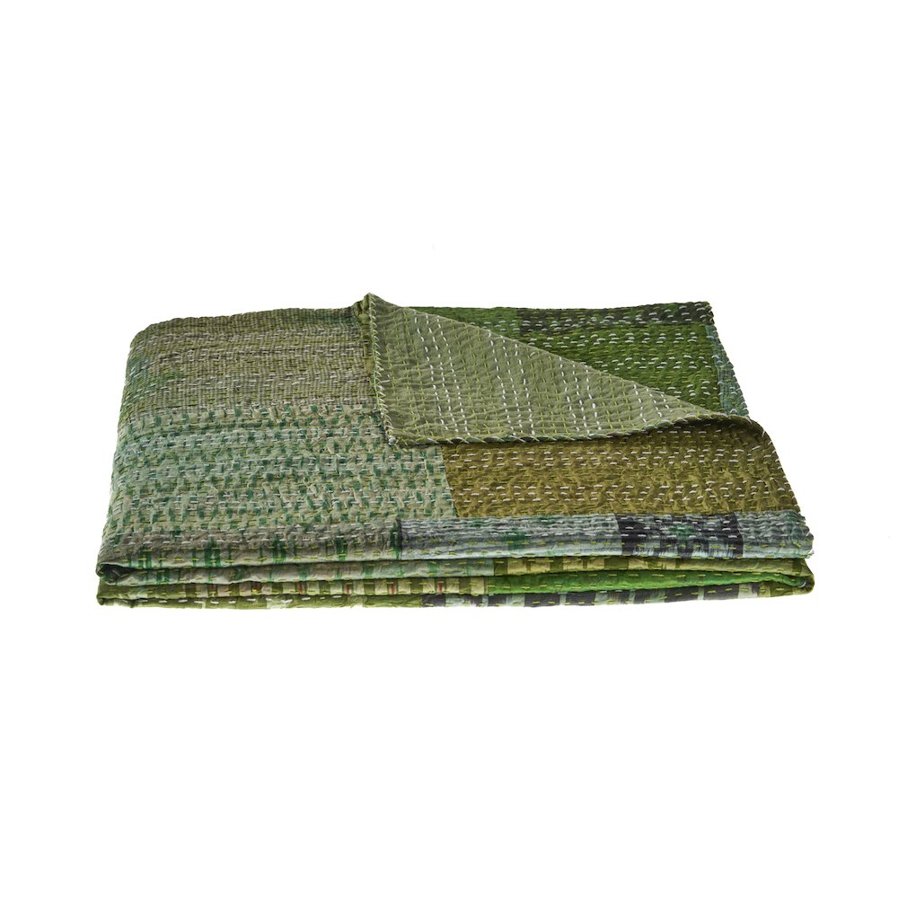 Green Patchwork Hand-Stitched One-of-a-Kind Cotton Kantha Throw Blanket. Picture 1