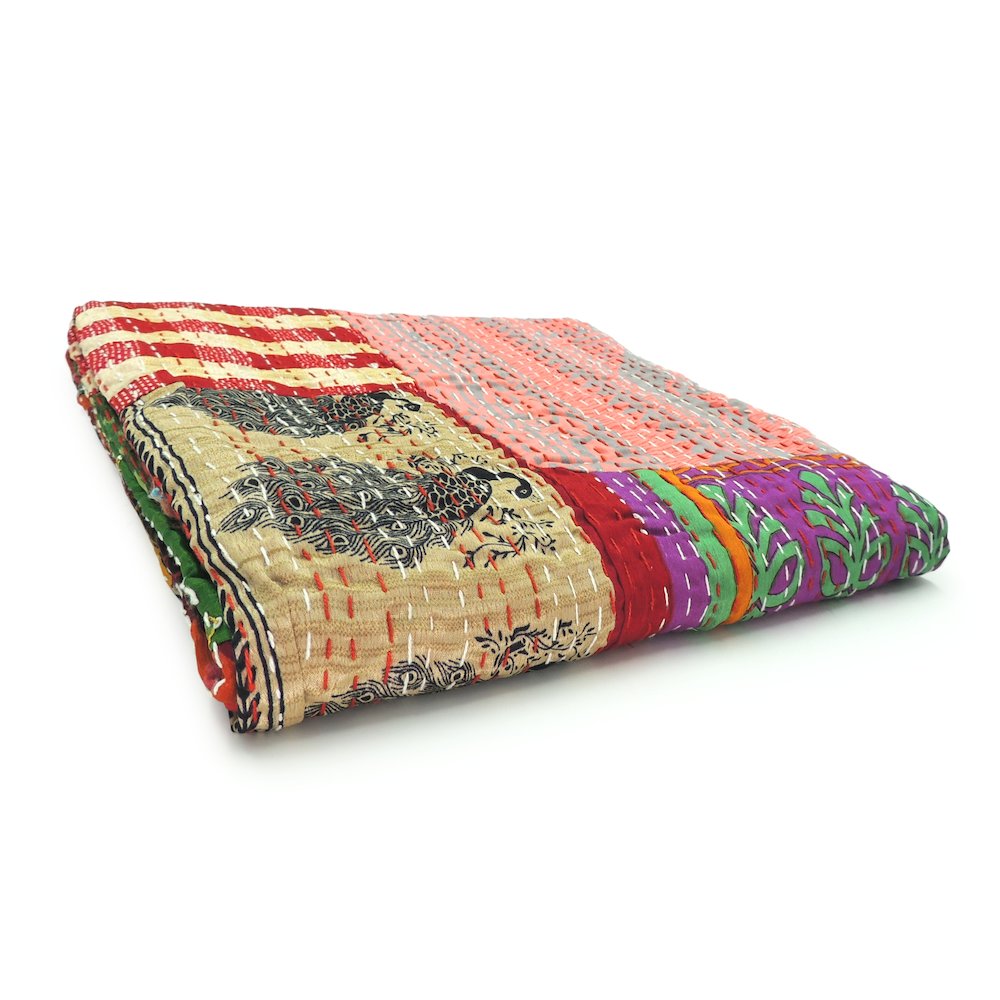 Crimson Patchwork Hand-Stitched One-of-a-Kind Cotton Kantha Throw Blanket. Picture 3