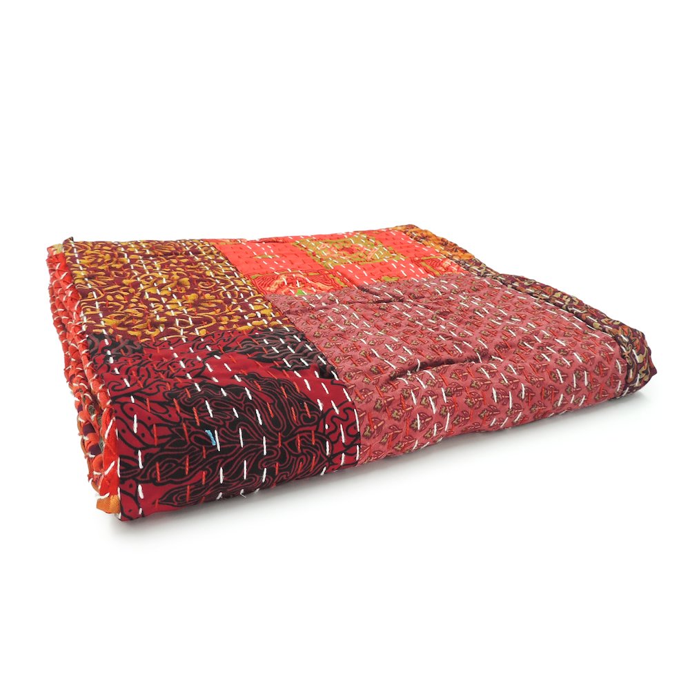 Crimson Patchwork Hand-Stitched One-of-a-Kind Cotton Kantha Throw Blanket. Picture 4