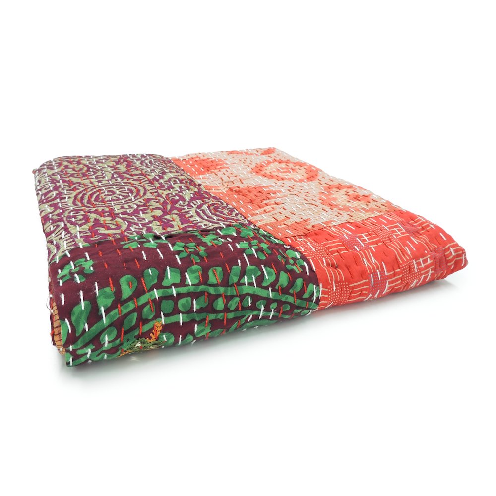Crimson Patchwork Hand-Stitched One-of-a-Kind Cotton Kantha Throw Blanket. Picture 5