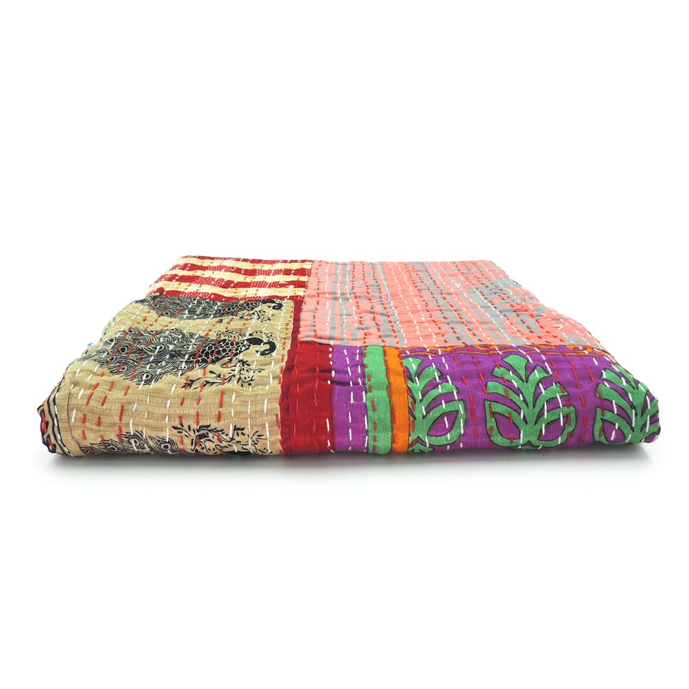 Crimson Patchwork Hand-Stitched One-of-a-Kind Cotton Kantha Throw Blanket. Picture 6