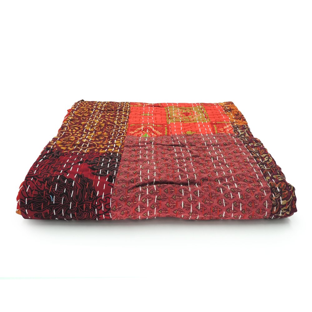 Crimson Patchwork Hand-Stitched One-of-a-Kind Cotton Kantha Throw Blanket. Picture 7