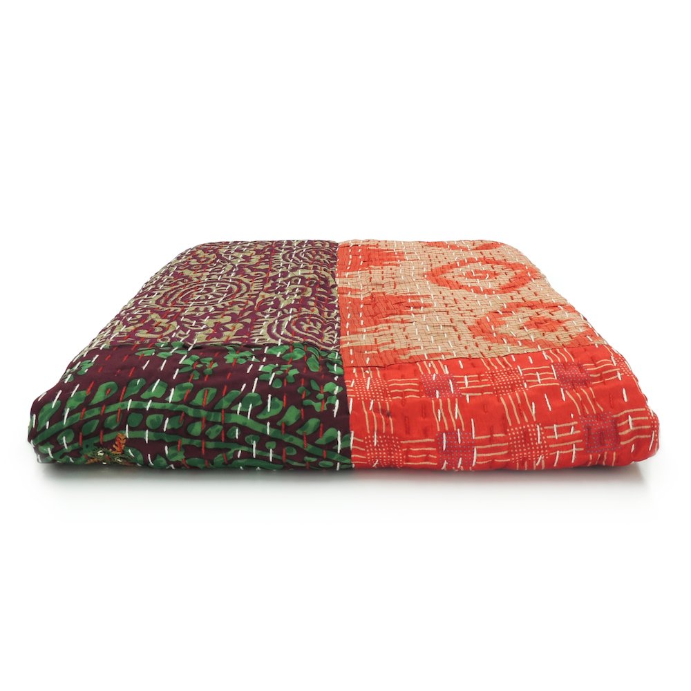 Crimson Patchwork Hand-Stitched One-of-a-Kind Cotton Kantha Throw Blanket. Picture 10