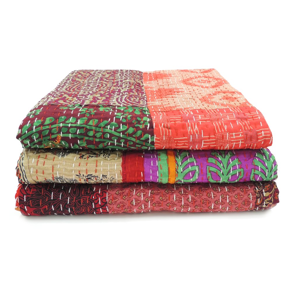 Crimson Patchwork Hand-Stitched One-of-a-Kind Cotton Kantha Throw Blanket. Picture 8