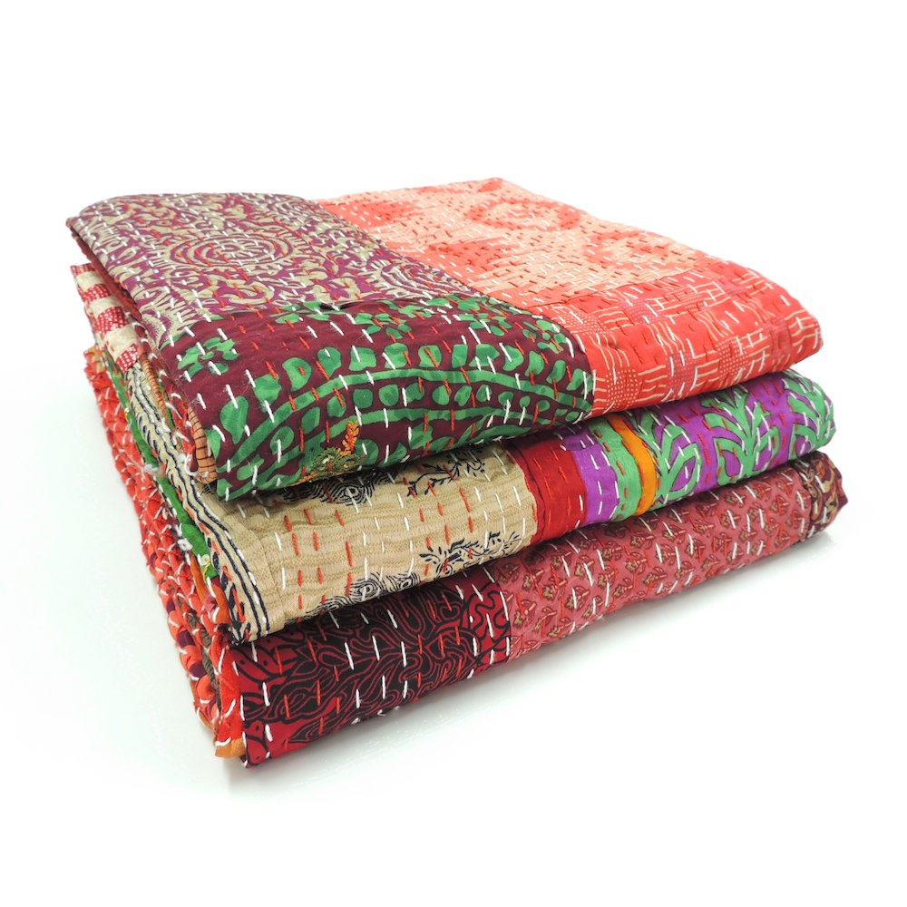 Crimson Patchwork Hand-Stitched One-of-a-Kind Cotton Kantha Throw Blanket. Picture 9