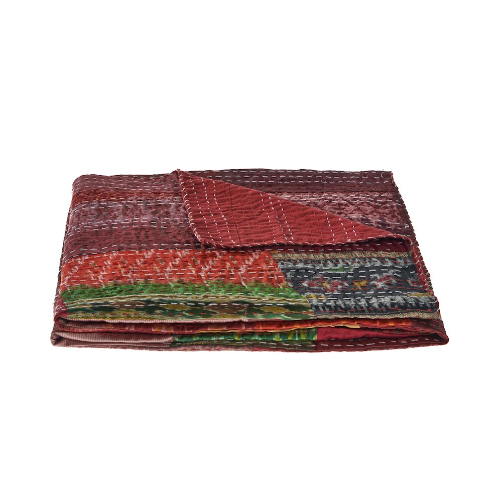 Crimson Patchwork Hand-Stitched One-of-a-Kind Cotton Kantha Throw Blanket. Picture 1