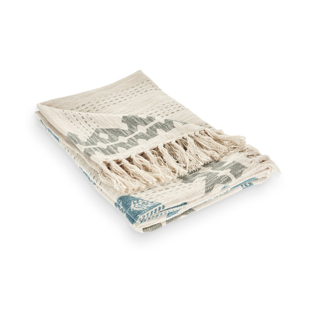 Blue/Cream Graphic Print Hand-Woven All-Natural Cotton Throw Blanket. Picture 1