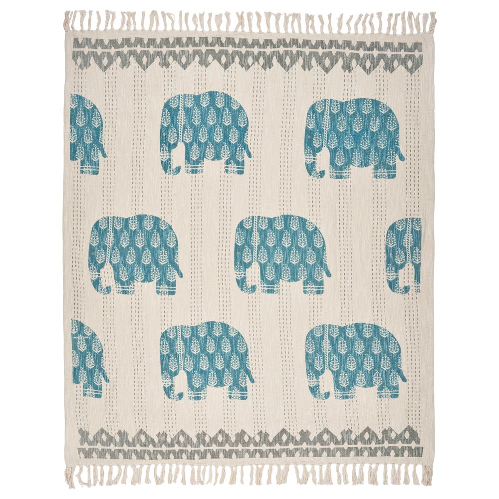 Blue/Cream Graphic Print Hand-Woven All-Natural Cotton Throw Blanket. Picture 2