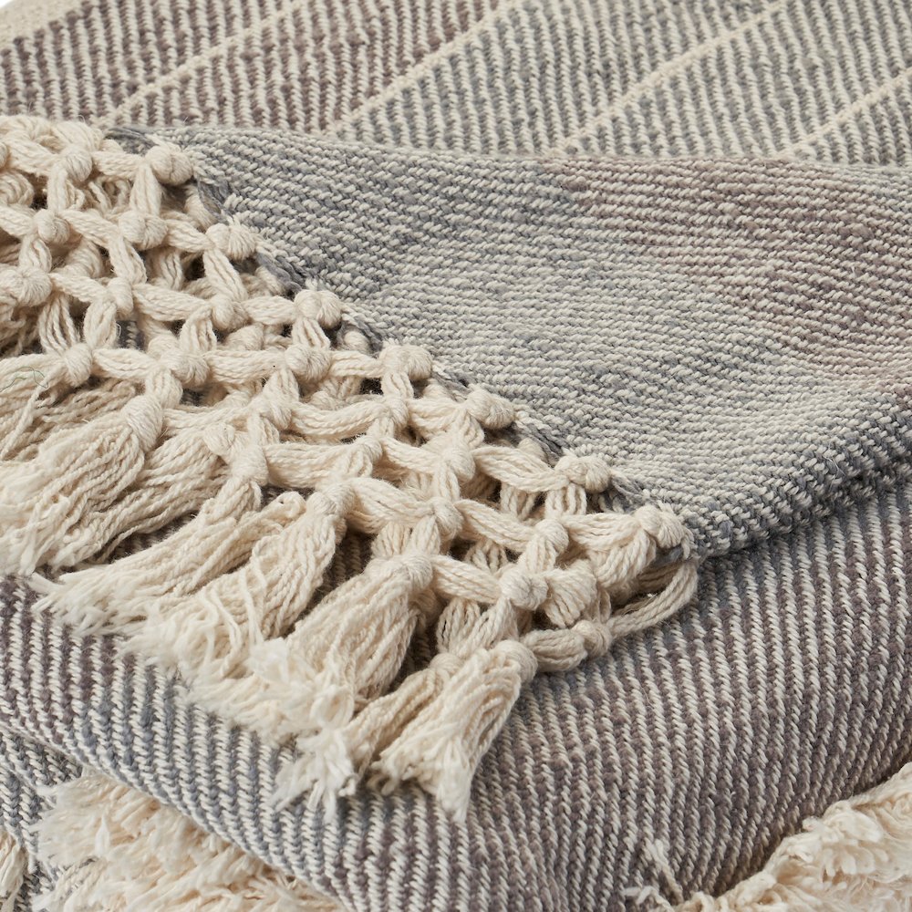 Grey/Beige Striped Hand-Woven All-Natural Cotton Throw Blanket. Picture 4