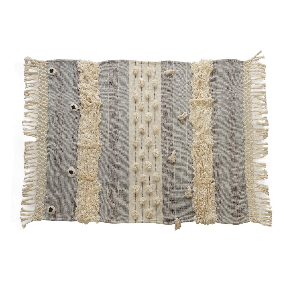 Grey/Beige Striped Hand-Woven All-Natural Cotton Throw Blanket. Picture 1