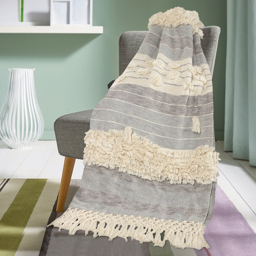 Grey/Beige Striped Hand-Woven All-Natural Cotton Throw Blanket. Picture 3