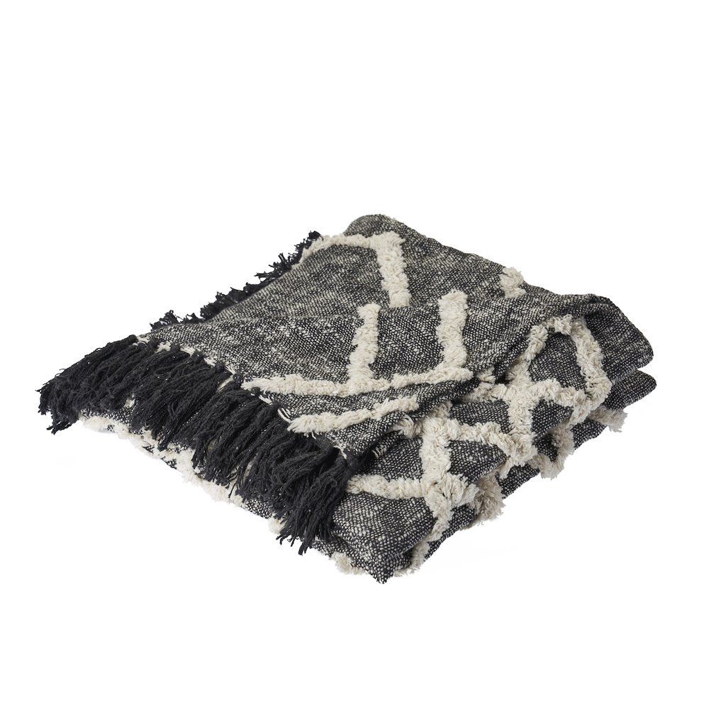 Black/Gray Geometric Hand-Woven All-Natural Cotton Throw Blanket. Picture 4