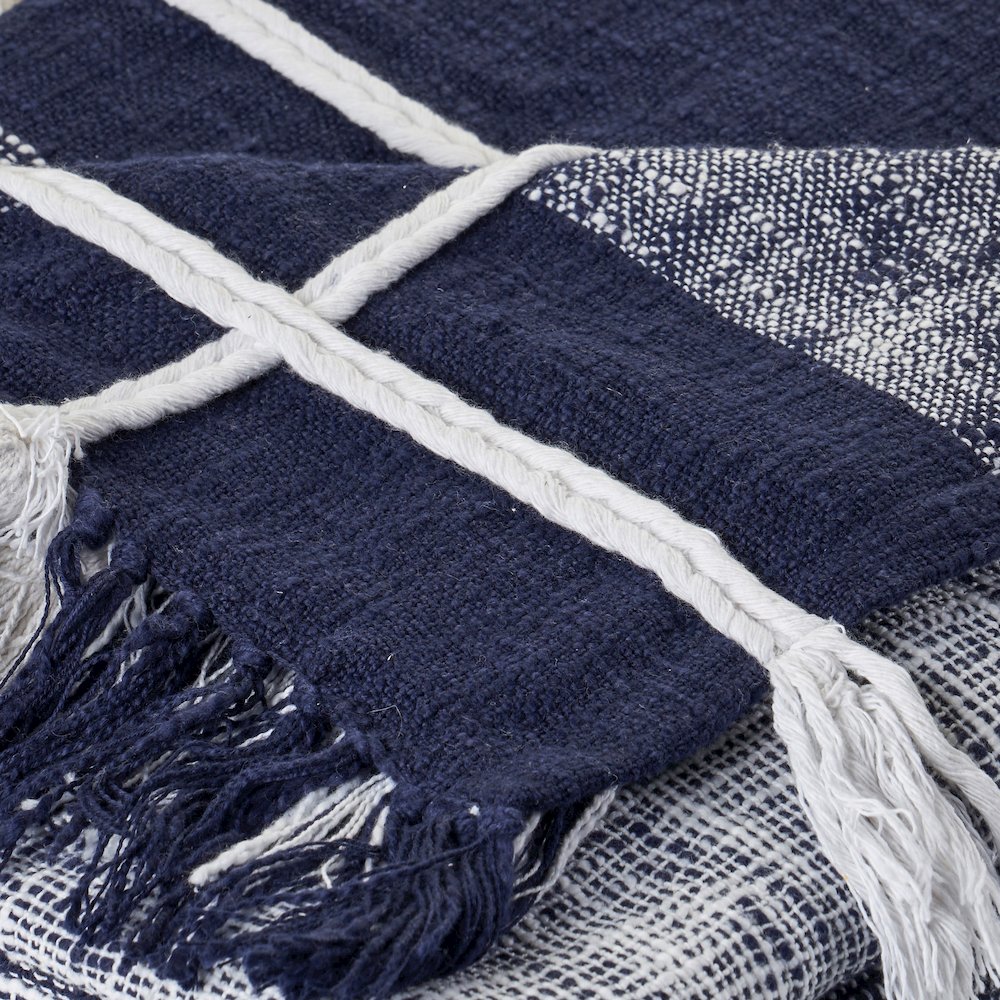 Blue/White Tartan/Plaid Hand-Woven All-Natural Cotton Throw Blanket. Picture 4
