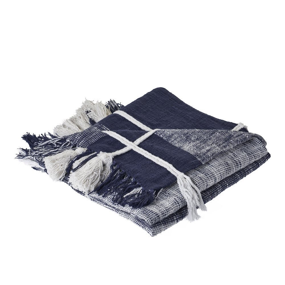 Blue/White Tartan/Plaid Hand-Woven All-Natural Cotton Throw Blanket. Picture 1