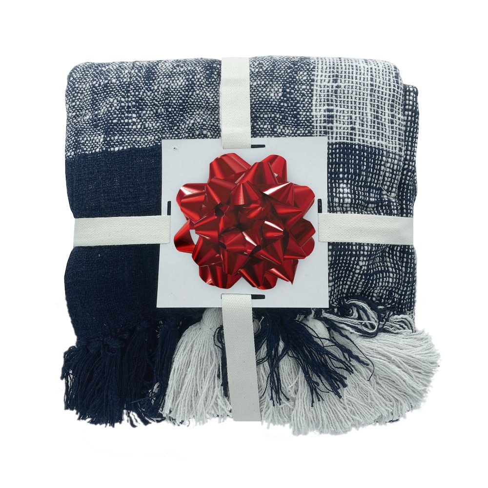 Blue/White Tartan/Plaid Hand-Woven All-Natural Cotton Throw Blanket. Picture 5