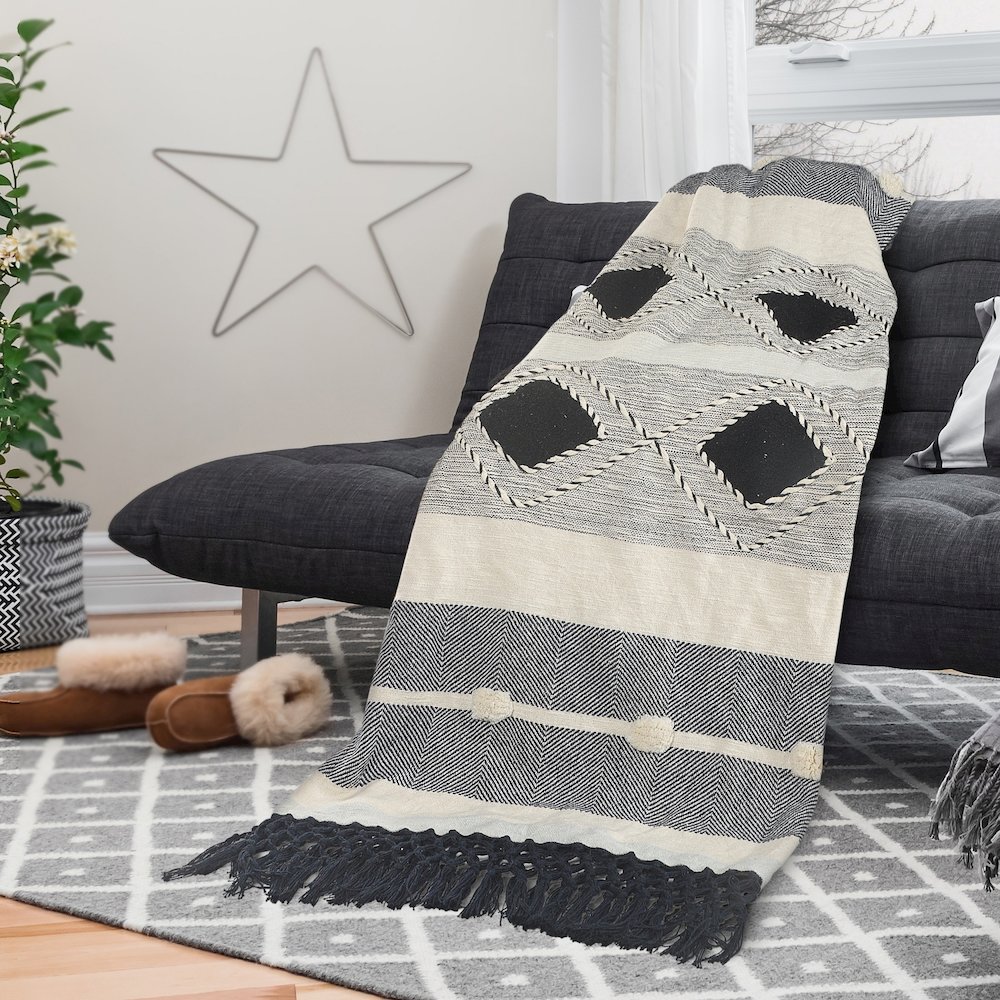 Black/Blue Diamond Hand-Woven All-Natural Cotton Throw Blanket. Picture 3