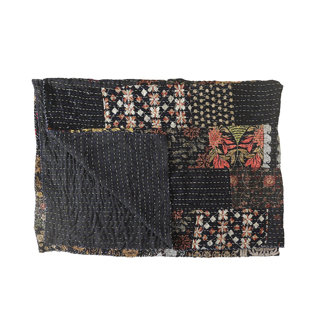 Black Patchwork Hand-Stitched One-of-a-Kind Cotton Kantha Throw Blanket. Picture 1