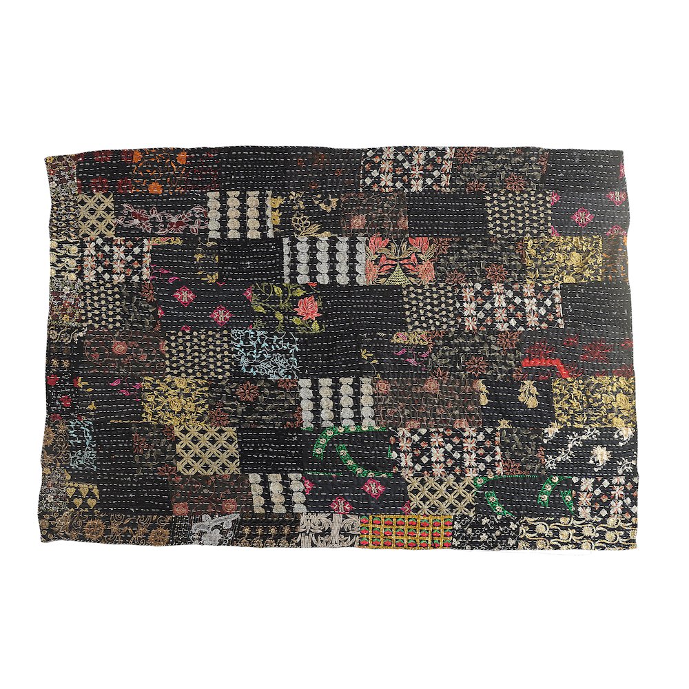 Black Patchwork Hand-Stitched One-of-a-Kind Cotton Kantha Throw Blanket. Picture 2