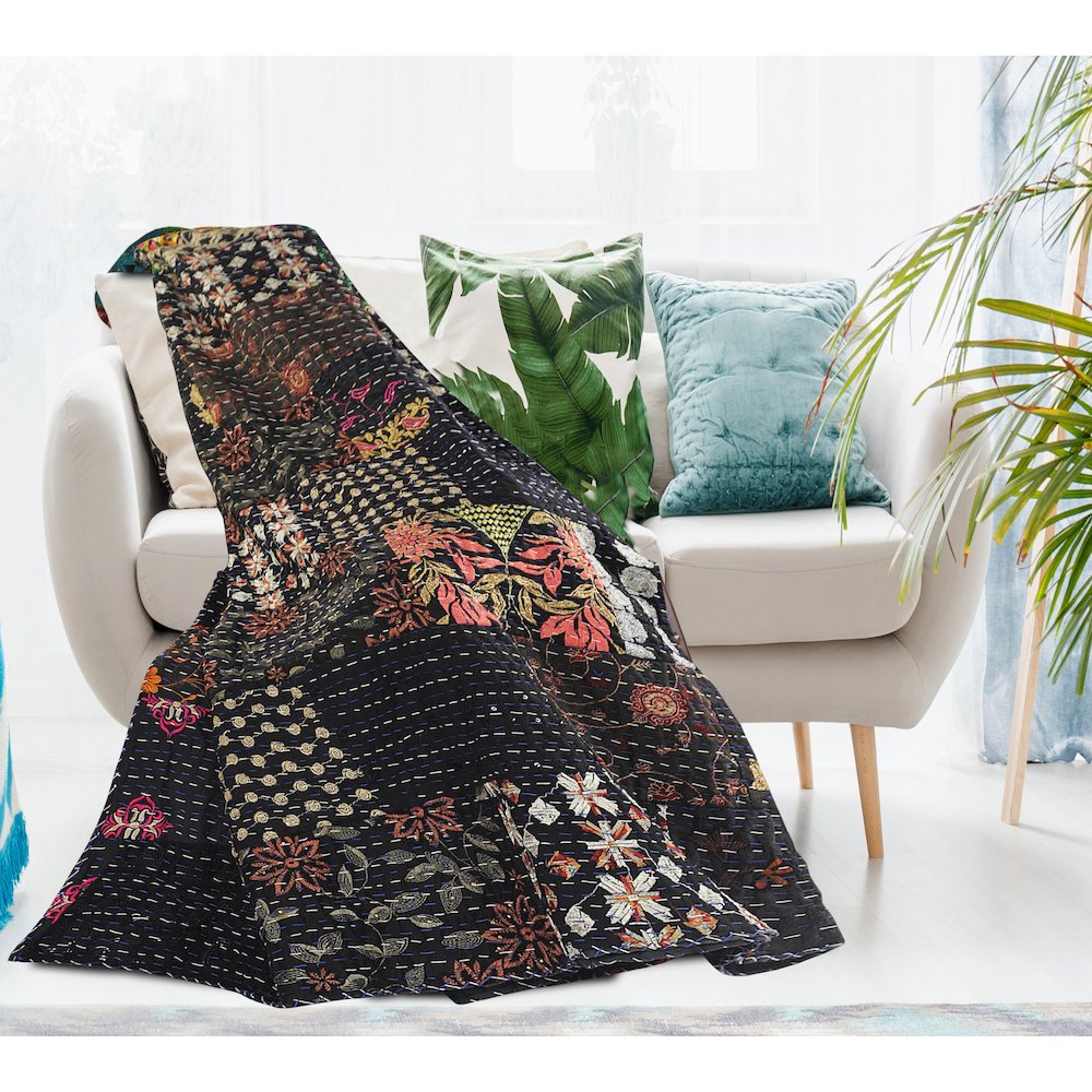 Black Patchwork Hand-Stitched One-of-a-Kind Cotton Kantha Throw Blanket. Picture 3