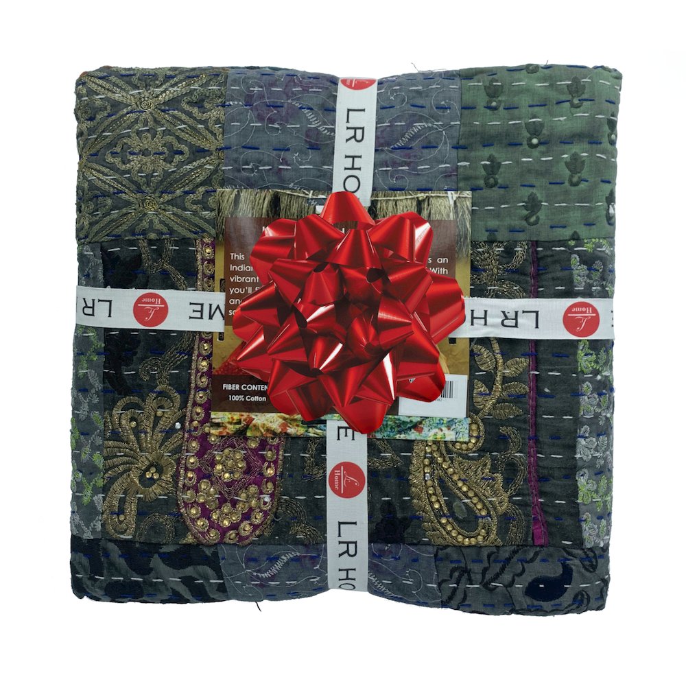 Black Patchwork Hand-Stitched One-of-a-Kind Cotton Kantha Throw Blanket. Picture 4