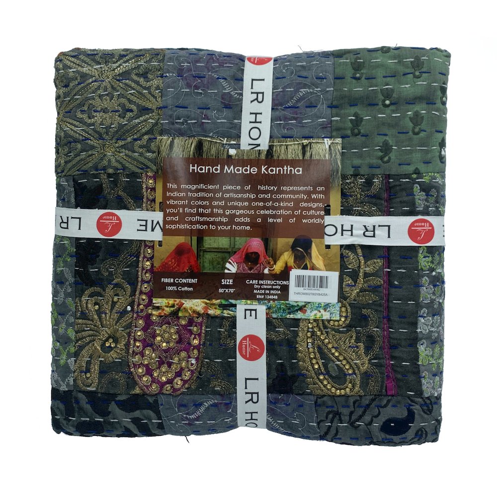 Black Patchwork Hand-Stitched One-of-a-Kind Cotton Kantha Throw Blanket. Picture 5