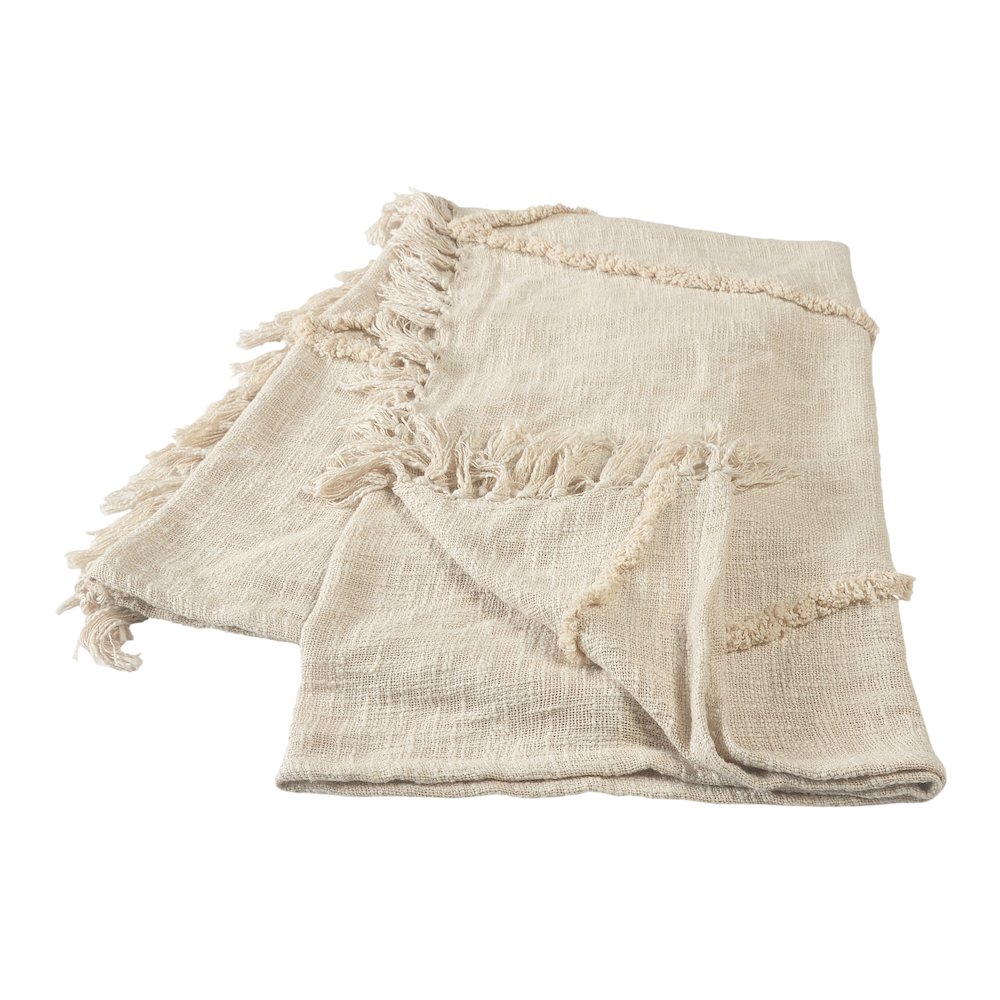 Cream Solid All-Natural Cotton Throw Blanket. Picture 1
