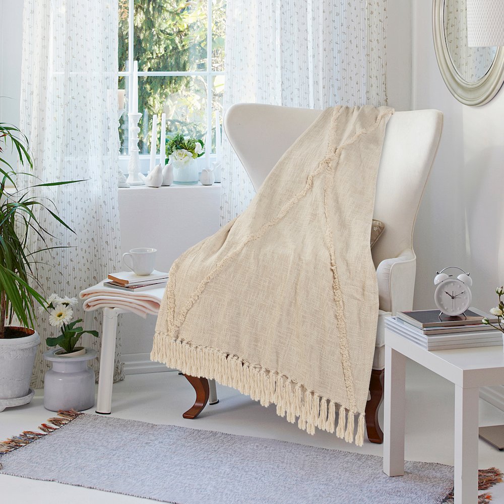 Cream Solid All-Natural Cotton Throw Blanket. Picture 6