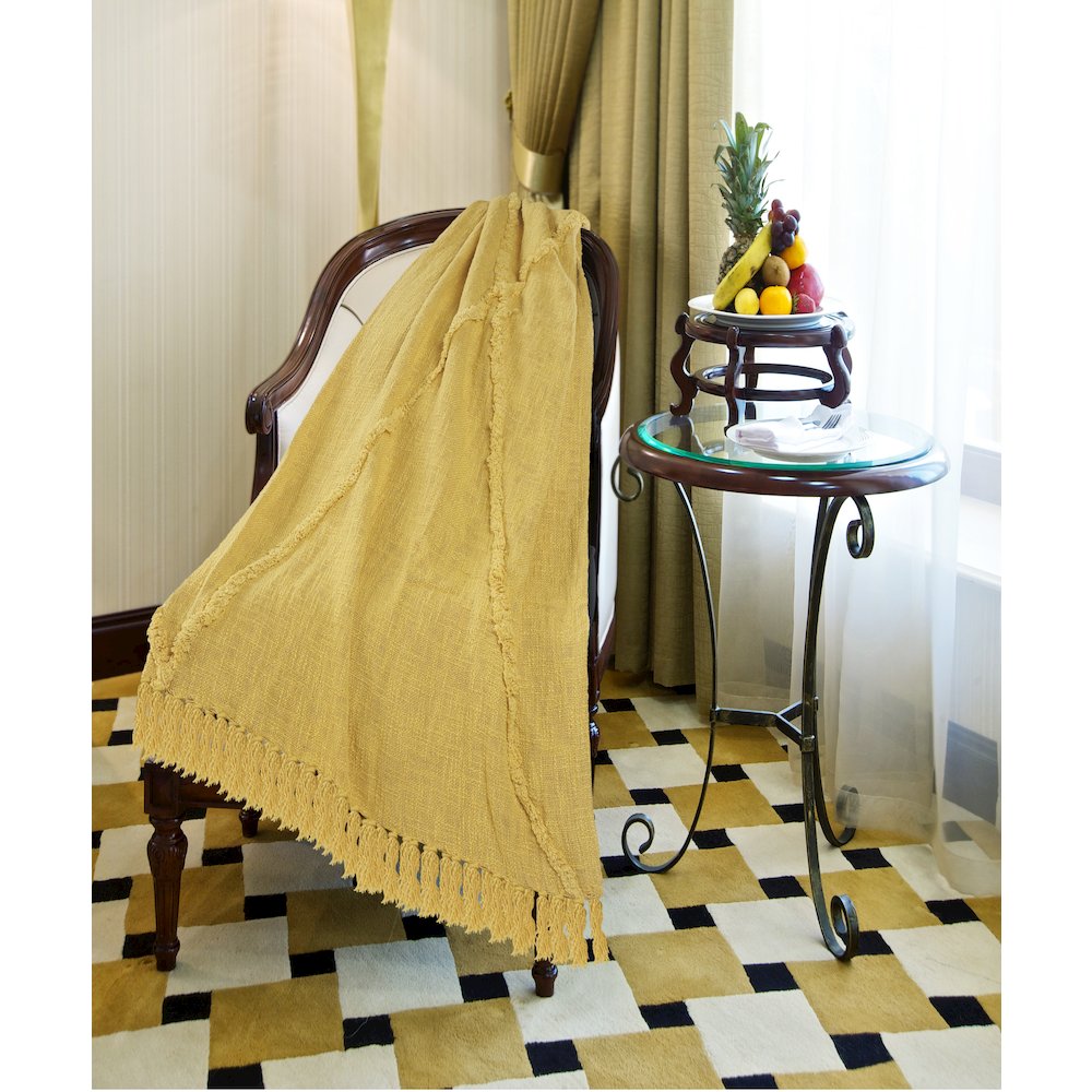 Evette Rios Diamond Tufted All-Natural Cotton Throw Blanket, Yellow. Picture 5