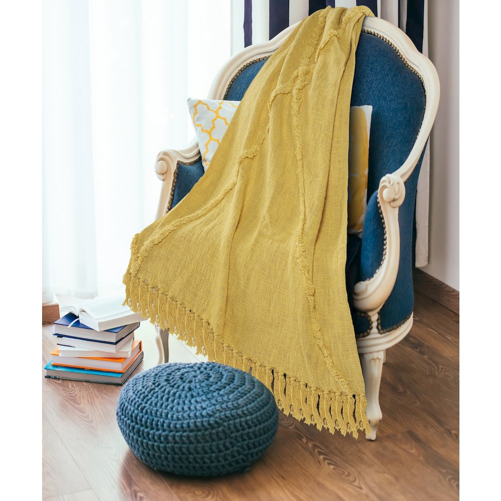 Evette Rios Diamond Tufted All-Natural Cotton Throw Blanket, Yellow. Picture 6