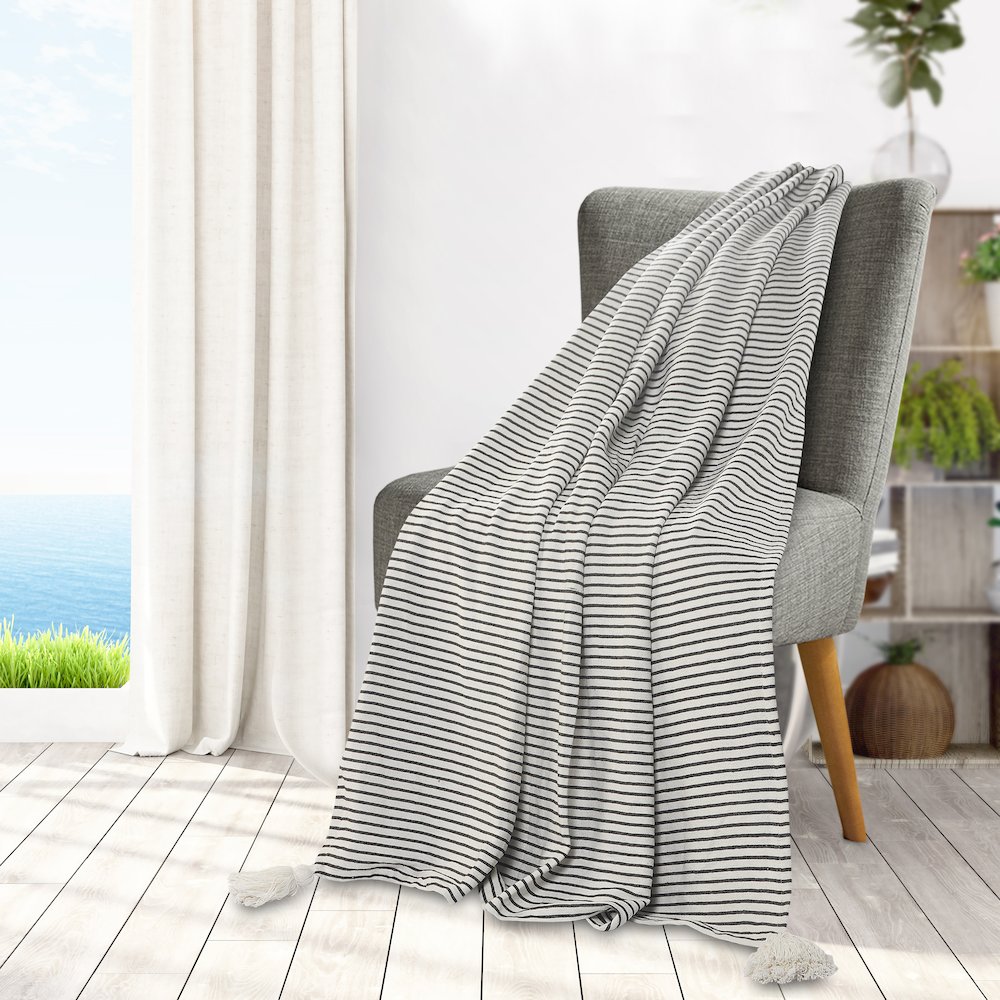 Black/White Striped All-Natural Cotton Throw Blanket. Picture 5